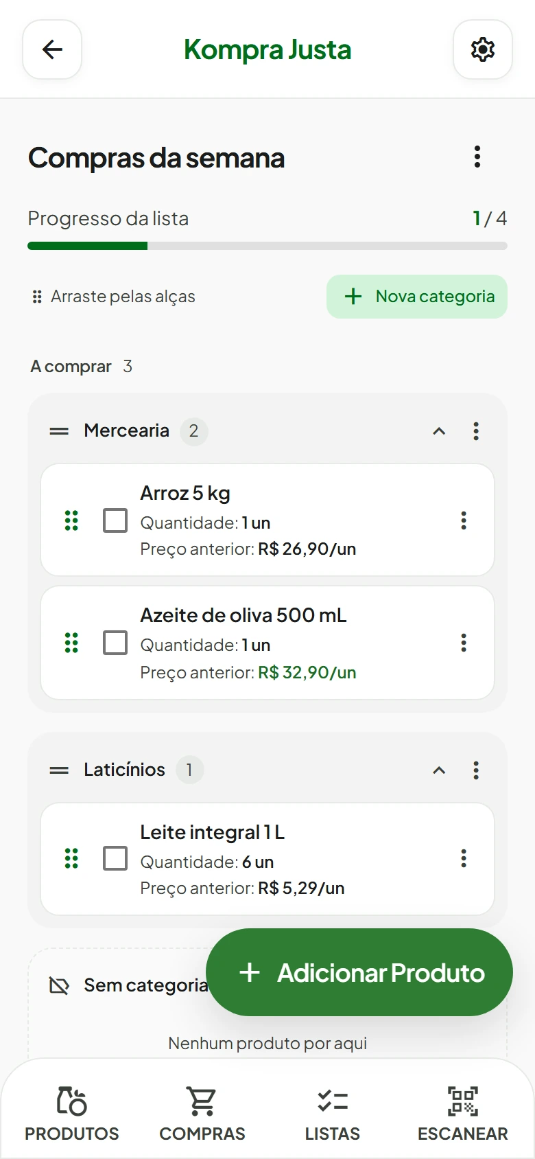 Lista de compras do Kompra Justa, com progresso de 1 de 4 itens, categorias Mercearia e Laticínios, quantidades e preço anterior dos produtos.